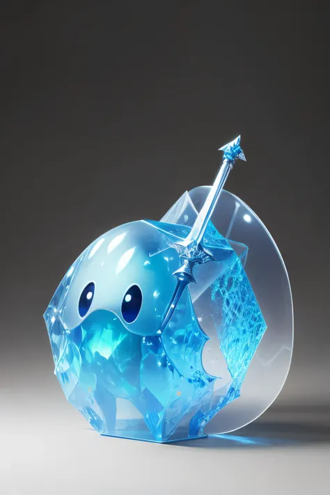 A completely transparent cubic shaped slime creature with sword and shield