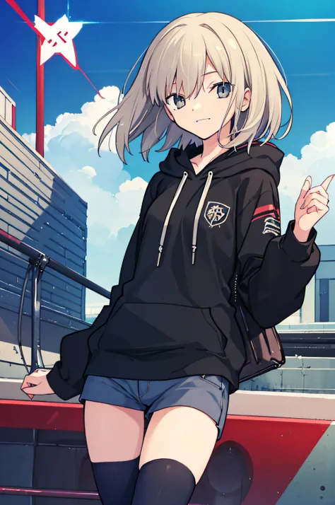 superfine illustration,1girl in,(simple background),((black hoodie)),hair over one eye,(tachi-e),(standing),cowboy shot,grey hai...