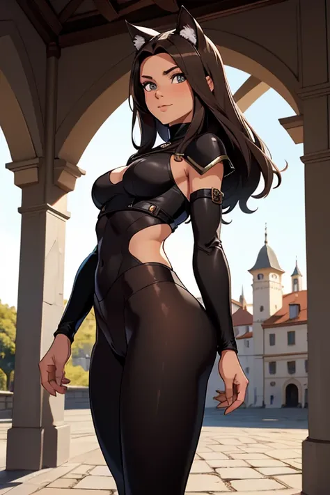 beautiful young female warrior fighter with cat ears on her head, com rosto bem detalhado e bonito, belos olhos, belos olhos, rosto lindo, beautiful young woman wearing long brown leggings with black details, sueter apertado branco, standing in a castle, u...