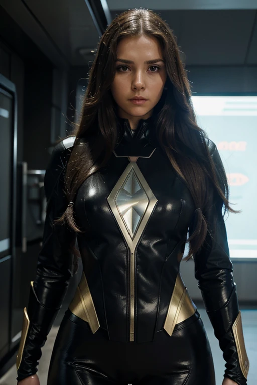 a female super hero with long hair, bad atitude and futuristic suits