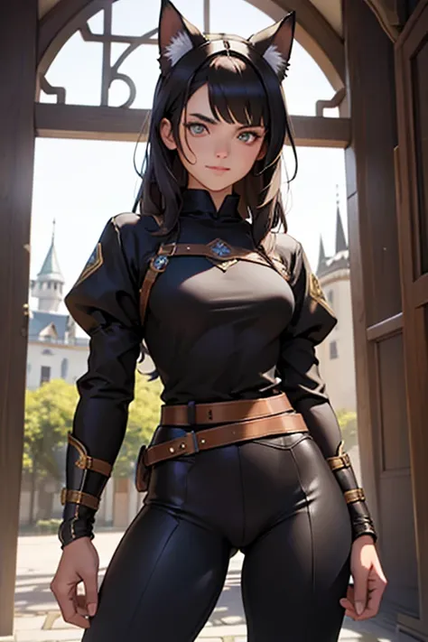 beautiful young female warrior fighter with cat ears on her head, com rosto bem detalhado e bonito, belos olhos, belos olhos, rosto lindo, beautiful young woman wearing long brown leggings with black details, sueter apertado branco, standing in a castle, u...