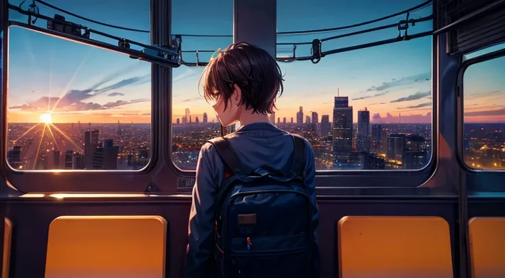 Um personagem viaja de trem ao entardecer, observing the cityscape while listening to lofi music on your headphones. The city lights begin to come on, criando uma atmosfera relaxante.