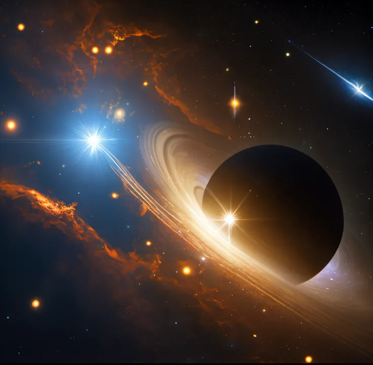 there is a black hole in the sky with a star in the background, beautiful space star planet, planet and stars, star flares, planets and stars, interstellar space setting, planet with rings, stellar space, ringed planet in the sky, star shining in space, lu...