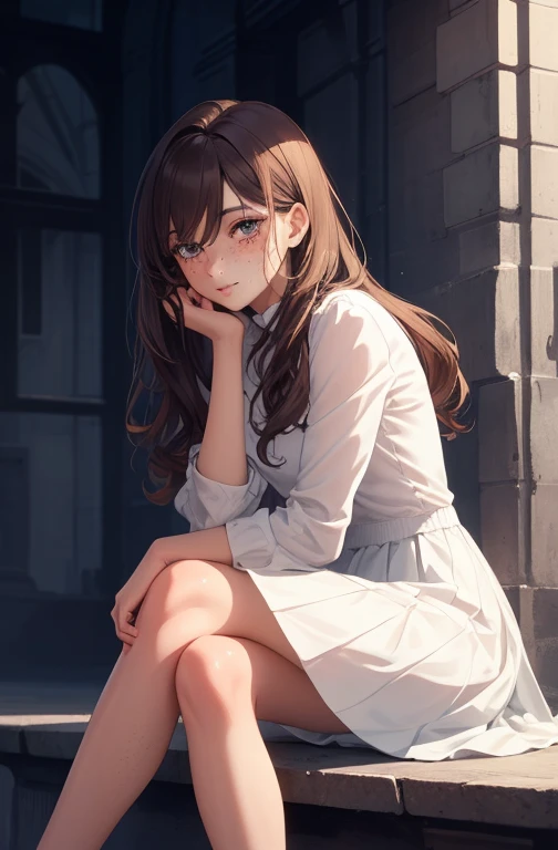 1girl, beautiful woman, medium wavy brown hair, freckles, dark eyelashes, perfect eyes, perfect face, long skirt, intricate, intricate details, anime, sitting down, legs crossed