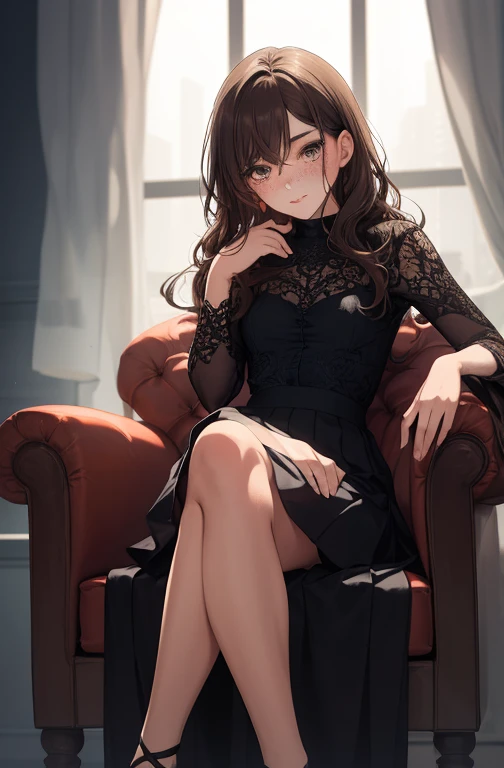 1girl, beautiful woman, medium wavy brown hair, freckles, dark eyelashes, perfect eyes, perfect face, long skirt, intricate, intricate details, anime, sitting down, legs crossed