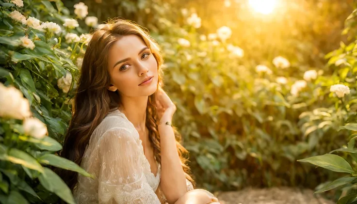 uma bela mulher na casa dos trinta anos, Agora mesmo, com olhos hipnotizantes, long flowing hair, and a confident expression. She is sitting in a vibrant and colorful garden, surrounded by lush greenery and blooming flowers. Sunlight filters through the le...