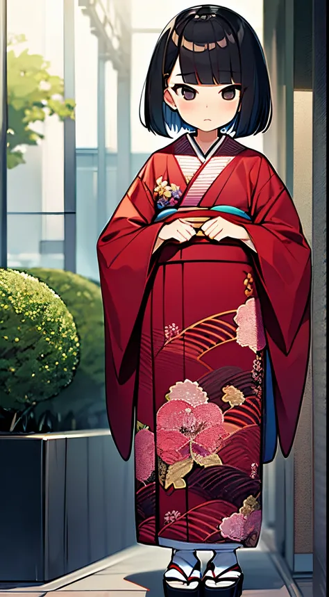 short bob, black hair, black eyes, slant eyes, round face, high teen, bad mood, kimono, full body