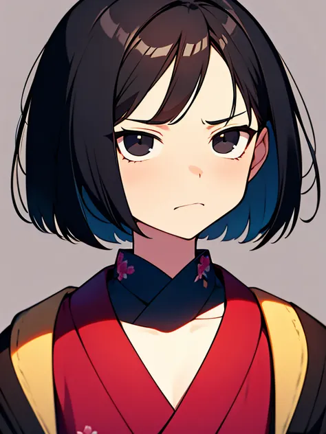 short bob, black hair, black eyes, slant eyes, round face, high teen, bad mood, kimono, open clothes,