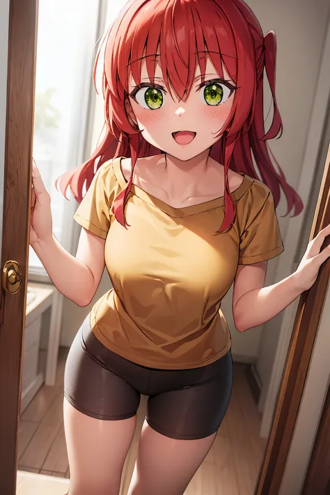 Room, 1 girl, best quality, ultra high res, long hair, red hair, green eyes, yellow shirt, short sleeves, bike shorts, bike shorts under shirt, looking at viewers, small breast, standing, pov, slim body, loli body, small body, smile, open mouth,