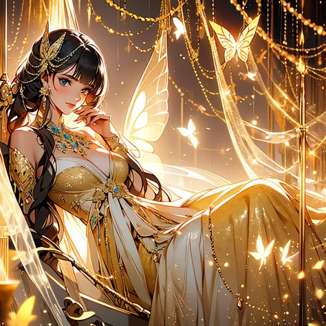 Delicate eyerown pupils,Sitting casually,Lazy,This is a realistic fantasy masterpiece full of highlights, Sparkling, and intricate, ornate detail.. Create a petite woman,Wearing a beautiful and exquisite crown,Sitting on the swing in the garden at night. S...