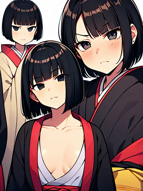 short bob, black hair, black eyes, slant eyes, round face, high teen, bad mood, kimono, open clothes,