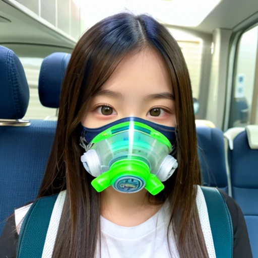 green transparent oxygen mask、girl wearing it