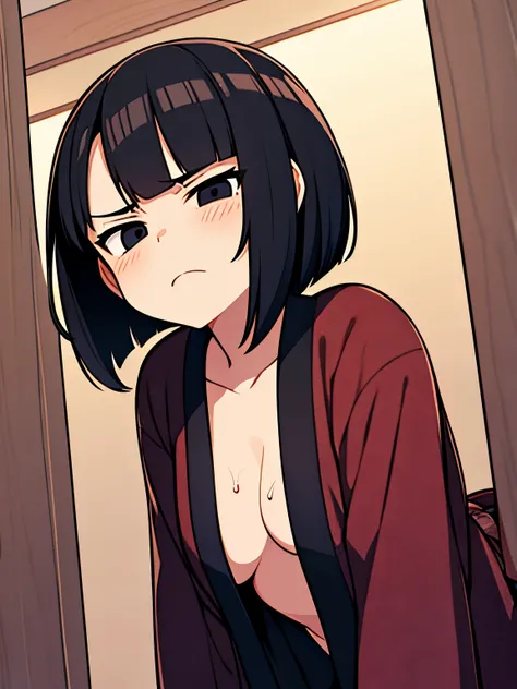 short bob, black hair, black eyes, slant eyes, round face, high teen, bad mood, kimono, open clothes, intense sex,