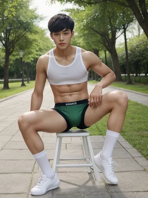 16 years old teenagers , very young , light-skin , wearing an dark green sexy underwear, tmasterpiece，k hd，the feet，Transparent sports vest，semi transparent，black long socks，The barefoot , green colour , handsome and cute , extreme cute boy , white skin , ...