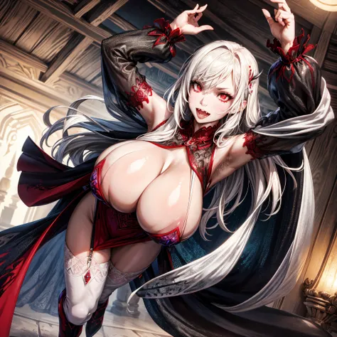 beautiful alluring white vampire with fangs extended red eyes SFW huge breasts intricate fancy dress, full body, dynamic pose, full HD