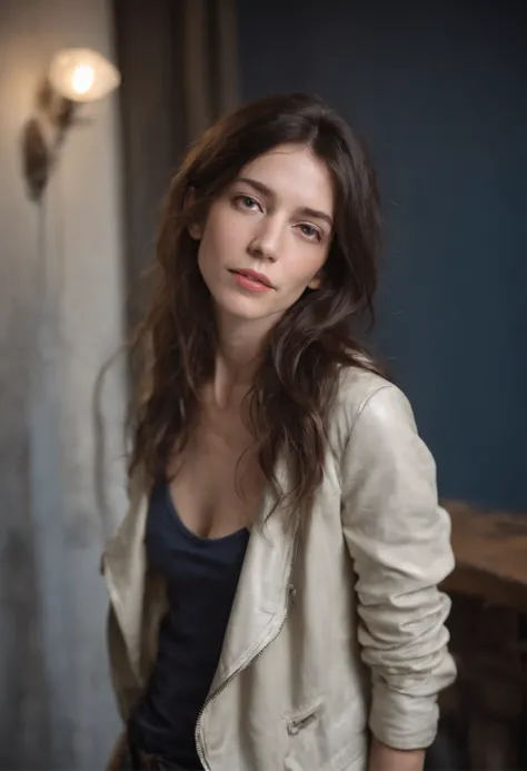 Charlotte Gainsbourg skinny lookalike, Three-quarter length waist-up photo of anorexic ethnic French and Moroccan Charlotte Gainsbourg lookalike woman, very skinny 45 year old Charlotte Gainsbourg lookalike, very long length black loose curly hair with ban...