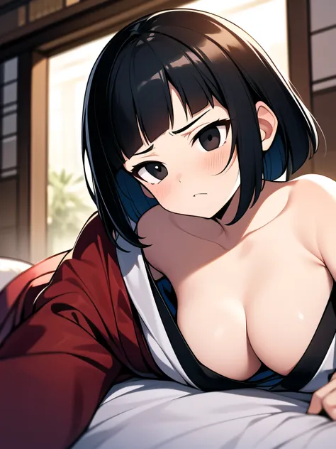 short bob, black hair, black eyes, slant eyes, round face, high teen, bad mood, kimono, open clothes, intense sex,