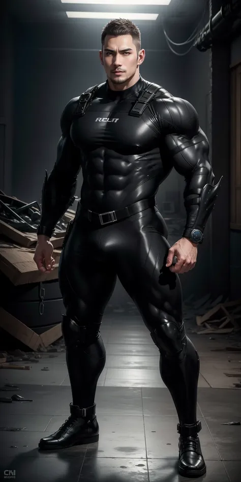 A tall muscular man with his mouth open and shouting，He opened his mouth wide，character  design（Resident Evil - Chris Redfield，Chris Redfield）Wearing a shiny dark gray wetsuit，The whole body is wrapped，High-end leather texture，Regular symmetrical texture p...