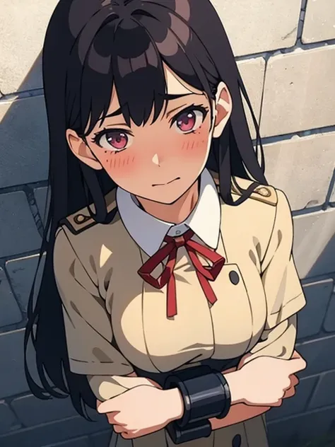 Realistic, outdoor, 1wall, wide angle,1girl, long hair, shy, embarrassed, blushed, wide angle, POV, from above, standing, neck in shackles, neck chained on wall, (jk uniform), light rays, glow, (masterpiece), wallpaper