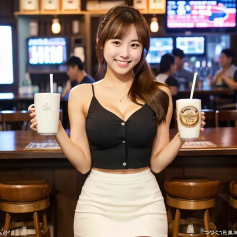 Brown hair　poneyTail　26-year-old woman　a smile　holding a draft beer mug with both hands　huge-breasted　You can see your cleavage in full　white tank tops　bottom mini skirt　Private room in the izakaya　dim lights