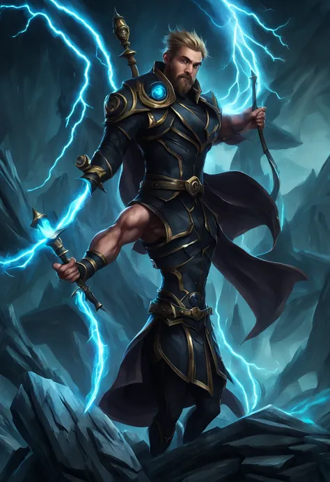 League of Legends character with goatee with Lightning magic in 4K muscular scenery a short hair social