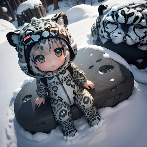 ​masterpiece、top-quality、ultra-detailliert、(Chibi Charas Daughter:1.2),(snow leopard body suit:1.3),fairy tale snow forest,sit on snow rock,