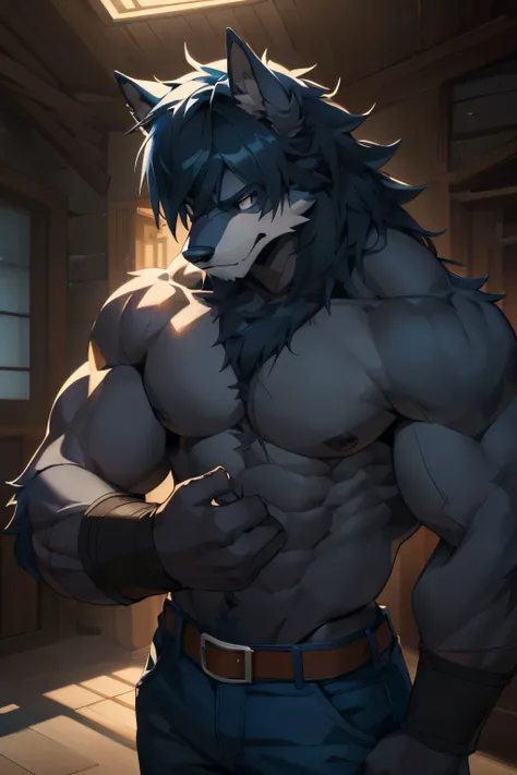 (best quality, high resolution, detailed:1.2), masculine, Ishimi, genderswap, focus on a male character, 1 boy, barechested male, strong biceps, wearing jeans. The character has a transformation into a lobisomen, with hairy and muscular arms and a ferociou...