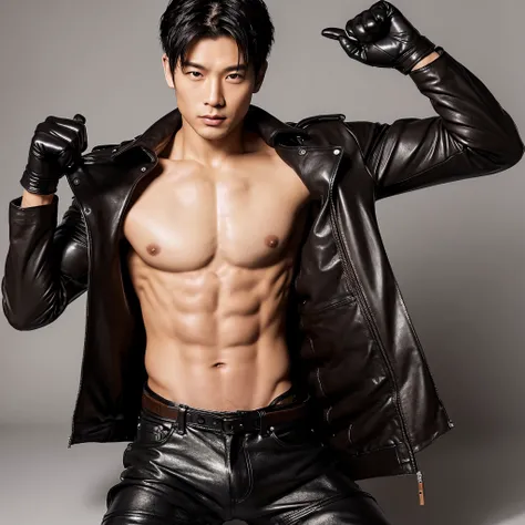 Asian man, muscle, leather pants, leather jacket, leather gloves, No shirt