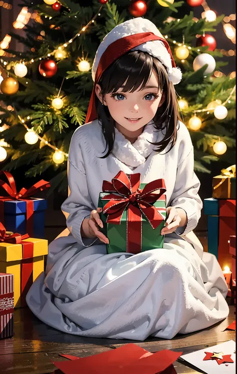 (best quality,4k,8k,highres,masterpiece:1.2),ultra-detailed,realistic,gifts,table,Christmas tree,decorations,wrapping ,bows,ribbon,presents,holiday spirit,vibrant colors,warm lighting,cozy atmosphere,toys,cards,candles,snowflakes,joyful,celebration,exquisi...