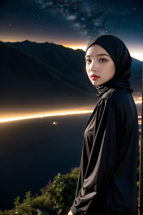 (Half-body:1.1), (loli:1.5), long tshirt Outfit, (RAW photo, Materpiece, Best Quality), (hijab:1.4), (headscarf:1.2), Flower Mountain, Landscape view, Galaxy Blackhole style, on the skies wave, The unknown existence of the seventh heaven, Clothes that are ...