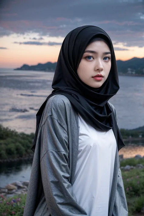 (Half-body:1.1), (loli:1.5), long tshirt Outfit, (RAW photo, Materpiece, Best Quality), (hijab:1.4), (headscarf:1.2), Flower Mountain, Landscape view, Galaxy Blackhole style, on the skies wave, The unknown existence of the seventh heaven, Clothes that are ...