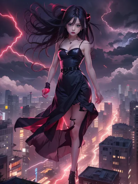 Gothic black girl - Rowley floating in the city with lightning,Gothloli albino girl floating in the city with one hand,Mulher no vestido preto com cabelo vermelho e preto, Gothic maiden girl, menina no vestido preto, 1 menina de 7 anos,old goth girl, an el...