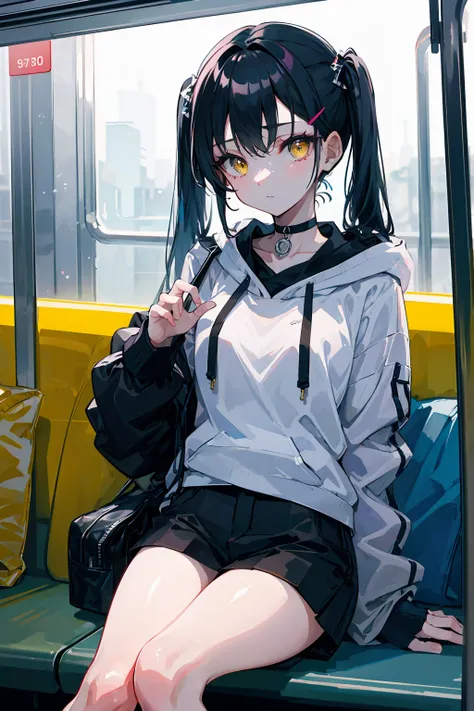 (masterpiece, best quality, 4k, insane details, watercolor, 1girl), long black hair, long twintails, cute hair pins, yellow eyes, choker, wearing a long black hoodie that covers her thighs, oversize clothes, sitting inside a train, leaning on the train win...