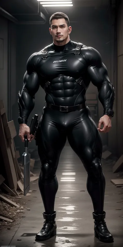 A tall, muscular man 2 meters tall opened his mouth and shouted.，He opened his mouth wide，character  design（Resident Evil - Chris Redfield，Chris Redfield）Wearing a shiny dark gray wetsuit，The whole body is wrapped，High-end leather texture，Regular symmetric...