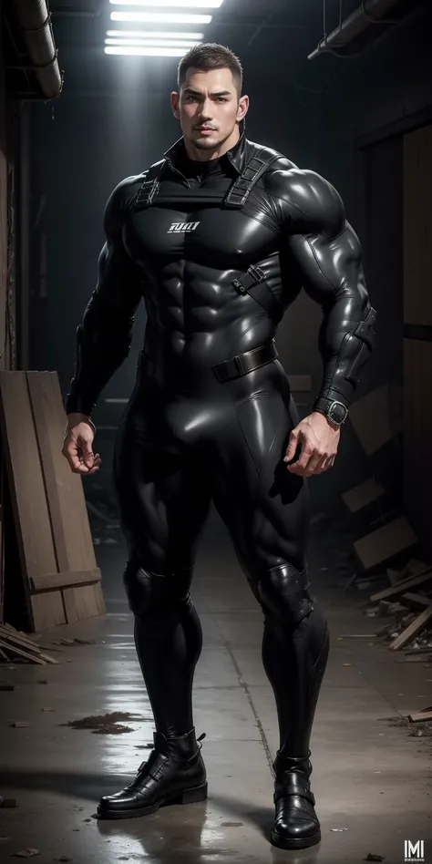 A tall, muscular man 2 meters tall opened his mouth and shouted.，He opened his mouth wide，character  design（Resident Evil - Chris Redfield，Chris Redfield）Wearing a shiny dark gray wetsuit，The whole body is wrapped，High-end leather texture，Regular symmetric...