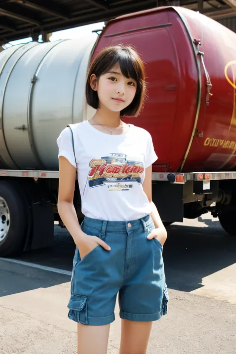 Beautiful girl standing in front of an oil tank truck、(sixteen years old)、summer clothing、short-hair、japanes、Doya face、Half Cargo Pants、