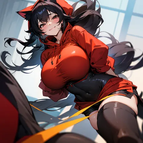 Cat ears, Smile, big breasts sweating, Shorts, Black stockings, A dark-haired、 Red hoodie、Long、huge tit