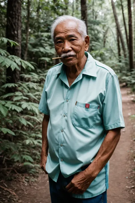 RAW photo, a portrait photo of 75 y.o filipino man, toothpick in mouth, retro 70s shirt with wide collar, traveler clothes, standing in the forest, natural skin, 8k uhd, high quality, film grain, Fujifilm XT3