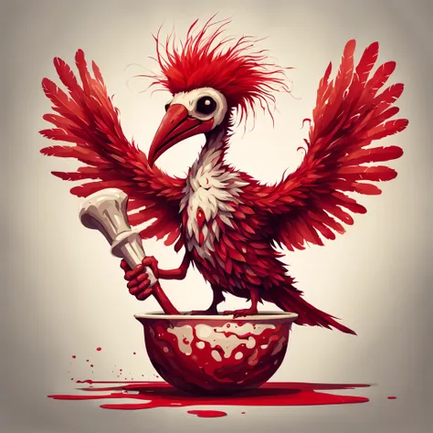 A strange creature in scales feathers and fur holding a pestle made of bone and dripping crimson, in warped art style