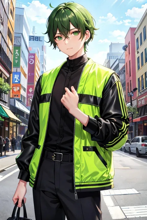 Animequalities, Male, green hair, more prisms, bright colors, black jacket, open jacket, black shirt, ear earrings, green eyes, long eyelashes, city, sun, details: -1, details: 0, details: 0.5 , details: 1, details: 1.5, pfp monochrome, ((male)), boy, mang...