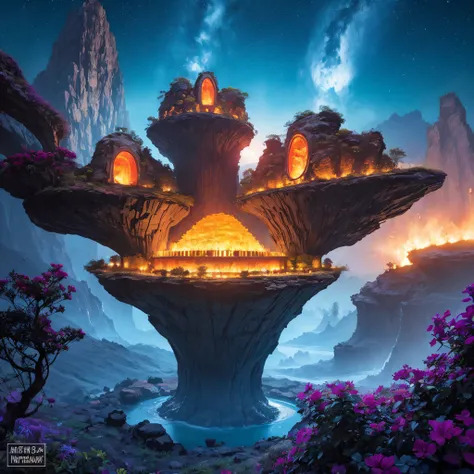 Alien Hexagonal Base (very detailed nipples) In a hexagonal mountain oasis，There are several hexagonal exhaust fans and chimneys, some neon lights projecting from the base，Light up the dark night), There are some clouds in the night sky, Some surrounding p...