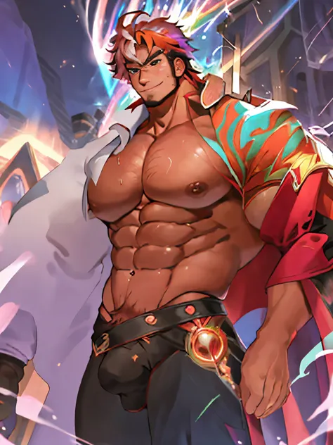 (anime style art,)extremely masculine muscular character,muscular,bodybuilder, huge bulge, sexy, smirk, erotic, 8 pack abs, 1boy,,solo, masterpiece, best quality,4k, Main, rainbow,, hair, cape,bare chest, suit pin?,  fashion, catwalk, fire, water, magic, s...