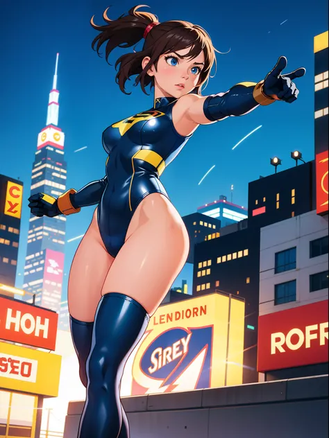 1girl, medium breasts, leotard, bare legs, tight belt, boots, gloves, city backdrop, solo, single, hands on hip, standing, energy emitting from her body, full body shot, cowboy shot, superhero, beautiful detailed eyes, body flowing with power, mature lady