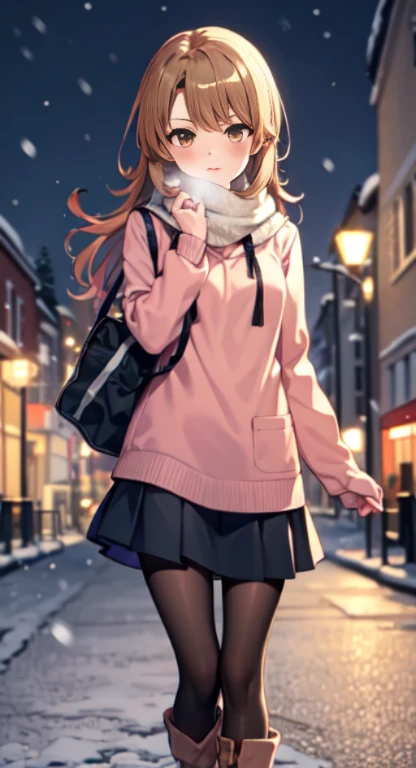 Isshiki Roha,Long Straight, brown haired, ，Brown-eyed, long court，muffler，Sweaters，long  skirt，Brown Short Boot Rack Pantyhose King，red blush，In the street，Cold sky，Its snowing，Solo，