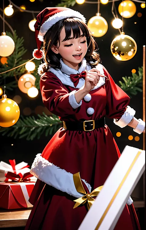 (best quality,4k,8k,highres,masterpiece:1.2),ultra-detailed,realistic,gifts,table,Christmas tree,decorations,wrapping ,bows,ribbon,presents,holiday spirit,vibrant colors,warm lighting,cozy atmosphere,toys,cards,candles,snowflakes,joyful,celebration,exquisi...