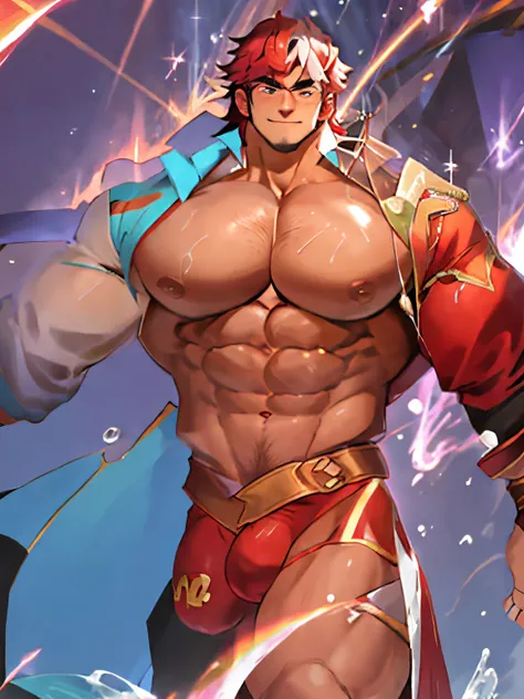 (anime style art,)extremely masculine muscular character,muscular,bodybuilder, huge bulge, sexy, smirk, erotic, 8 pack abs, 1boy,,solo, masterpiece, best quality,4k, Main, rainbow,, hair, cape,bare chest, suit pin?,  fashion, catwalk, fire, water, magic, s...