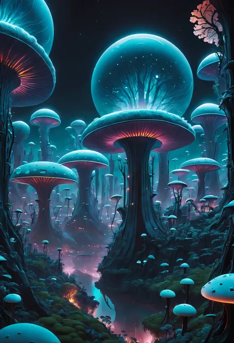 A futuristic cyberpop style city in a bioluminescent mushroom forest on a rare exotic exoplanet in a distant galaxy; up-close, wideshot, cinematic