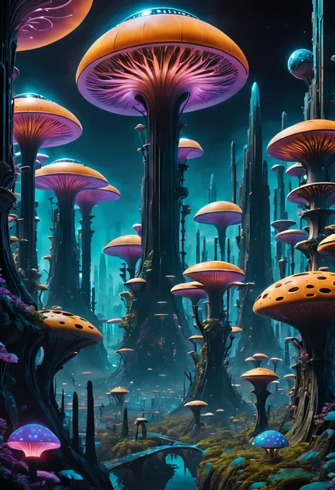 A futuristic cyberpop style city in a bioluminescent mushroom forest on a rare exotic exoplanet in a distant galaxy; up-close, wideshot, cinematic