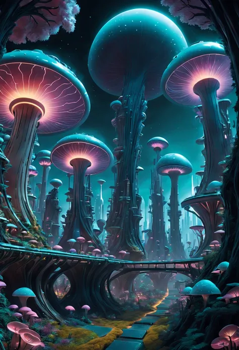 A futuristic cyberpop style city in a bioluminescent mushroom forest on a rare exotic exoplanet in a distant galaxy; up-close, wideshot, cinematic