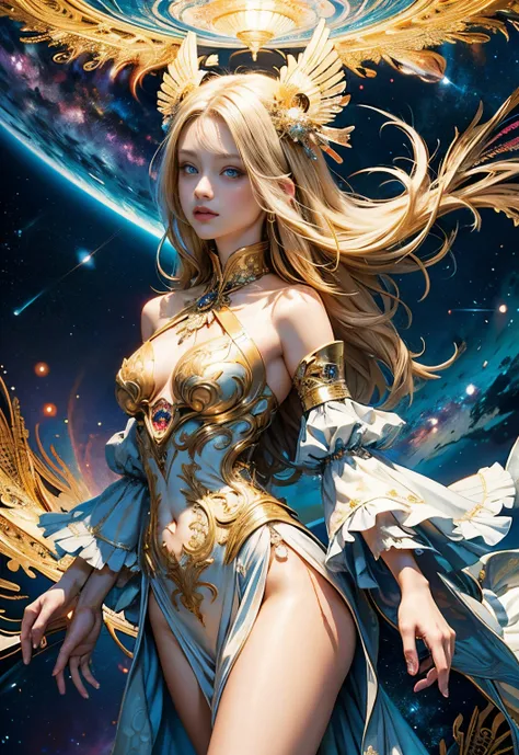 (masutepiece, of the highest quality, Best Quality, Official art, Beautiful and aesthetic:1.2), (1girl in), ighly detailed,(Fractal Art:1.3),Colorful,highest details, she has long blonde hair and blue eyes, There were white wings on her back, There&#39;s a...